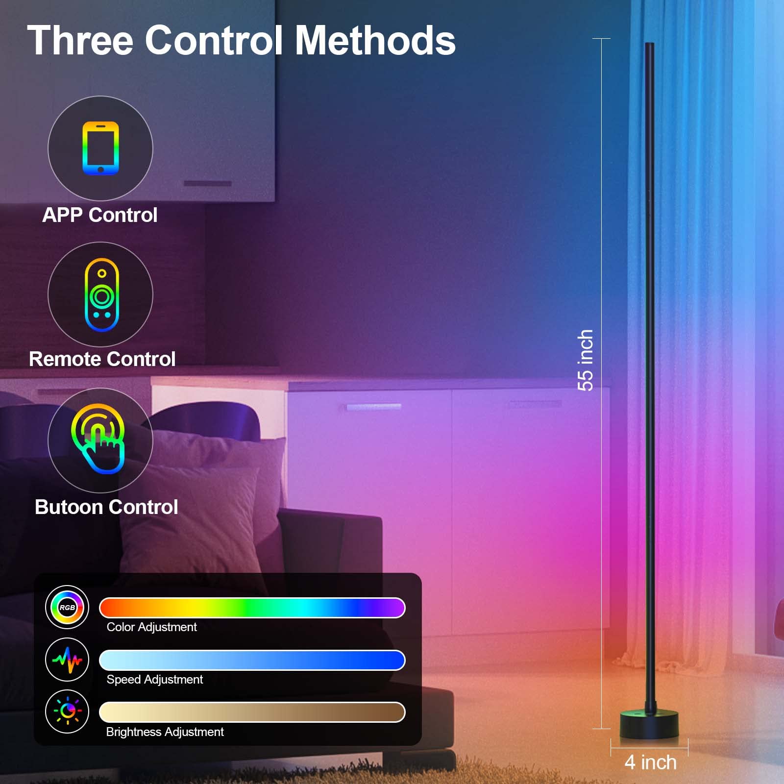 Miortior Smart RGB LED Corner Floor Lamp, 16 Million Colors, App & Remote Control, Model LZ-1201000A, Ideal for Living Rooms & Gaming Rooms