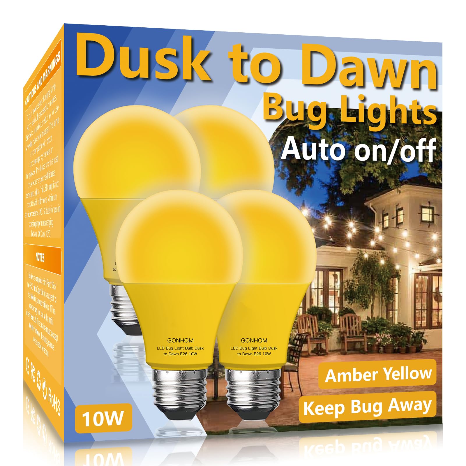 Gonhom Dusk To Dawn Bug Light Bulb Outdoor,4 Pack Amber Bug Light Bulb,Auto On/Off,10W(100W Equivalent),E26 Base,Bug Lights For 