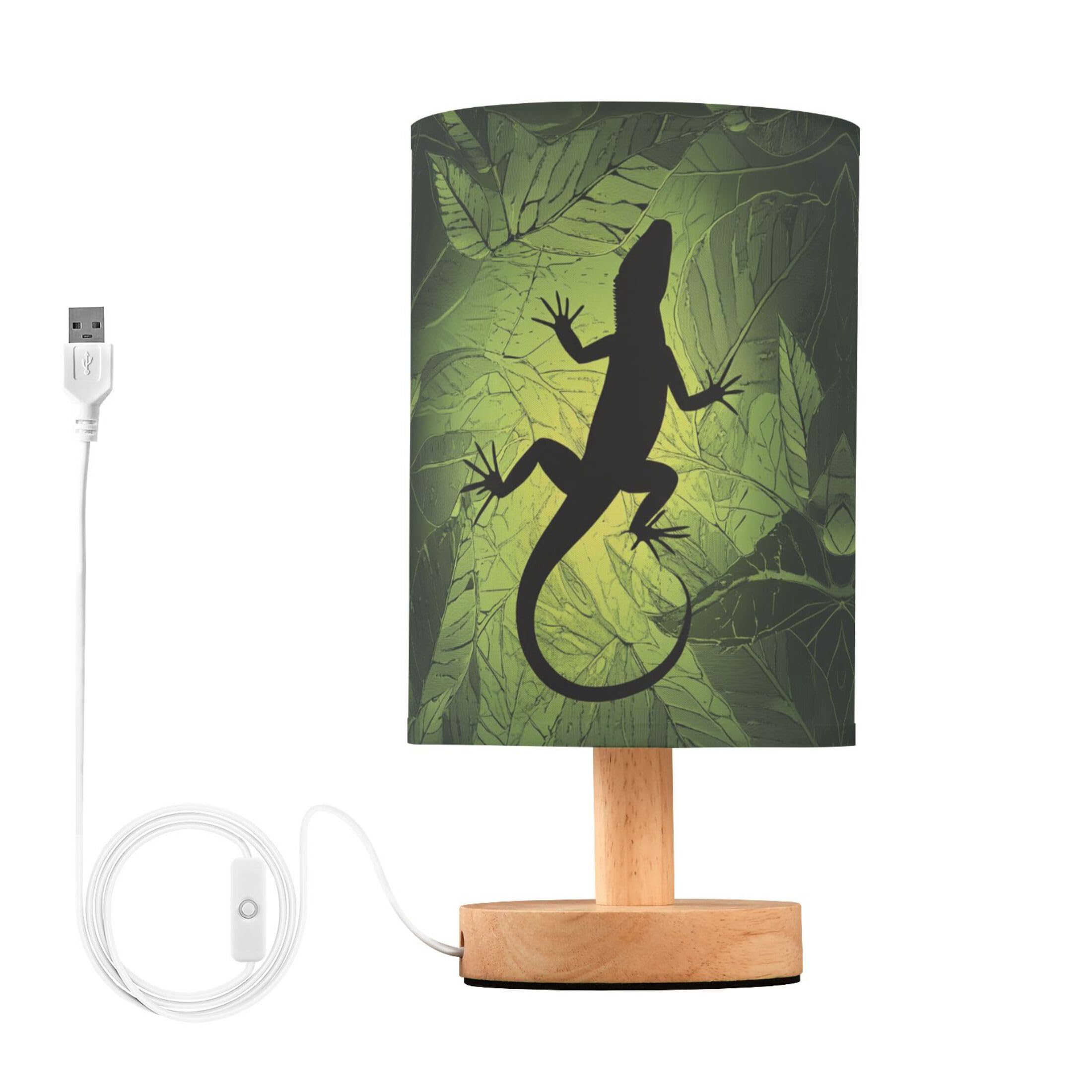 YYZZH Table Lamp Chameleon Lizard Gecko Shape on Green Leaf Nightstand Lamp with Wood Base Fabric Lamp Shade Bedside Desk Lamp f