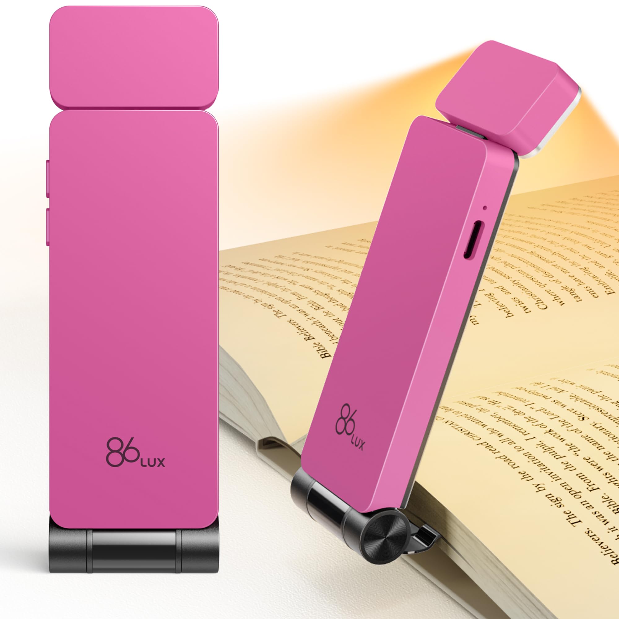 86lux Book Light, Rechargeable Reading Lights for Books in Bed, Ultralight Clip-on LED Bookmark Lamp with 3 Amber Colors & Stepl