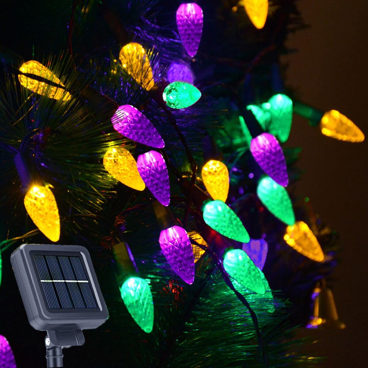 Huacenmy Solar C6 Strawberry Lights, 100 LEDs, Waterproof, 8 Modes, Yellow Green Purple, Outdoor Garden Decor