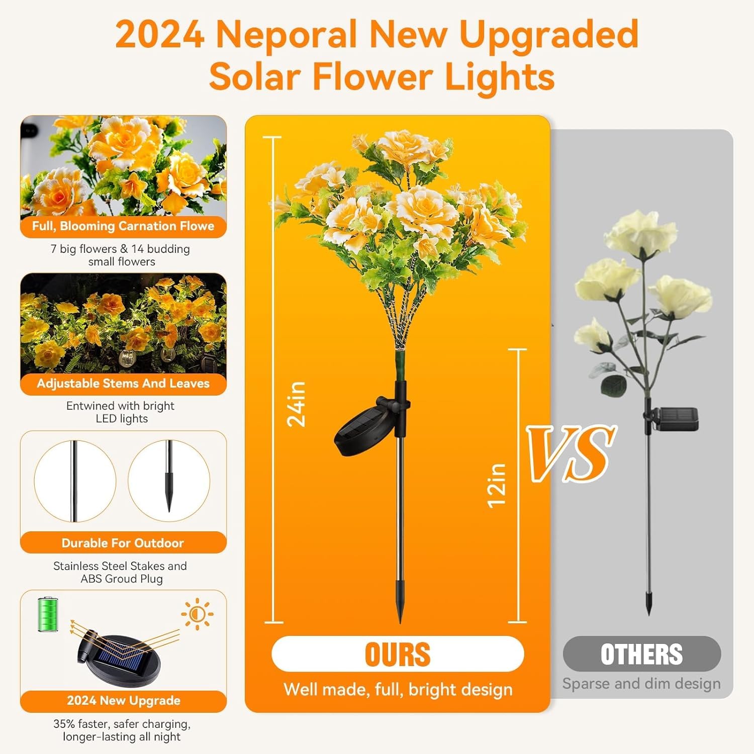 Neporal Solar Flowers Outdoor Garden Waterproof Ip65, 7-Stems Yellow Carnation Solar Decorative Lights Outdoor For Outdoor Garde