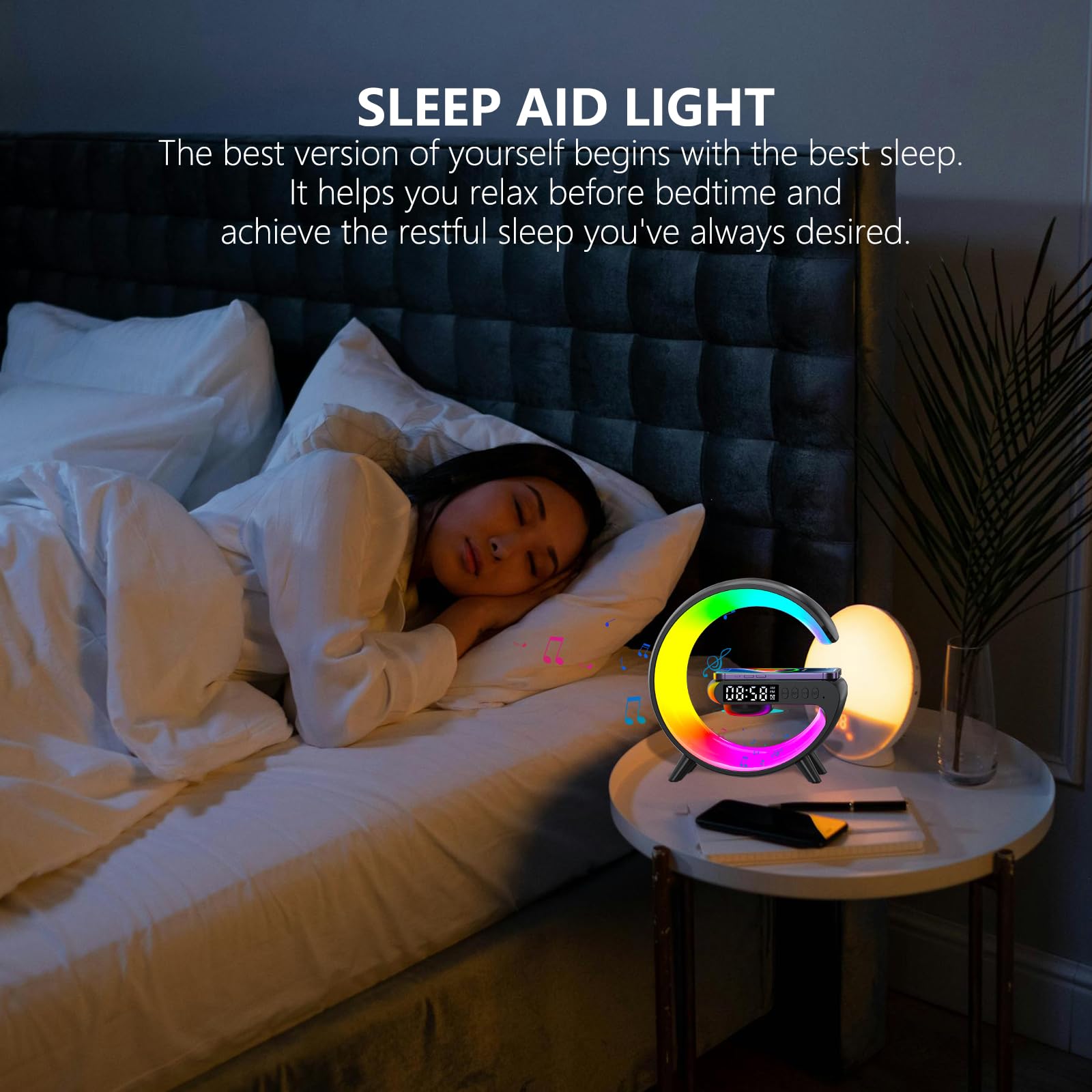 Fuyosegen Wireless Speaker Charger Light,Led Bedside Lamp 4-In-1 Alarm Clock,Mood Light,Speaker & Wireless Charger,G-Shaped Atmo