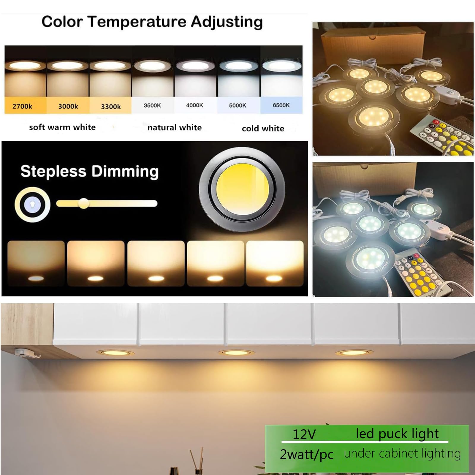 LAMPAOUS Smart Puck Lights 2700-6500K Tunable LED Under Cabinet Lighting, 3pcs, Metallic Grey, Model YF_P-CA-07