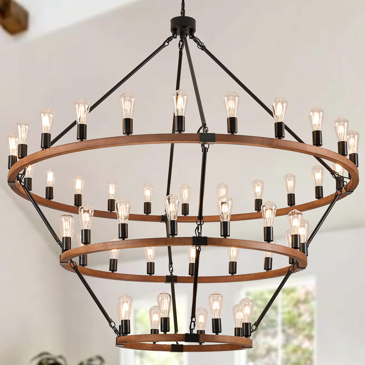 Extra Large 63 Wooden Wagon Wheel Chandelier Farmhouse 3 Tier 48 Lights Black Rustic Round Wood Pendant Light Fixture for High Ceiling Living Dining Room Foyer Villa Staircases