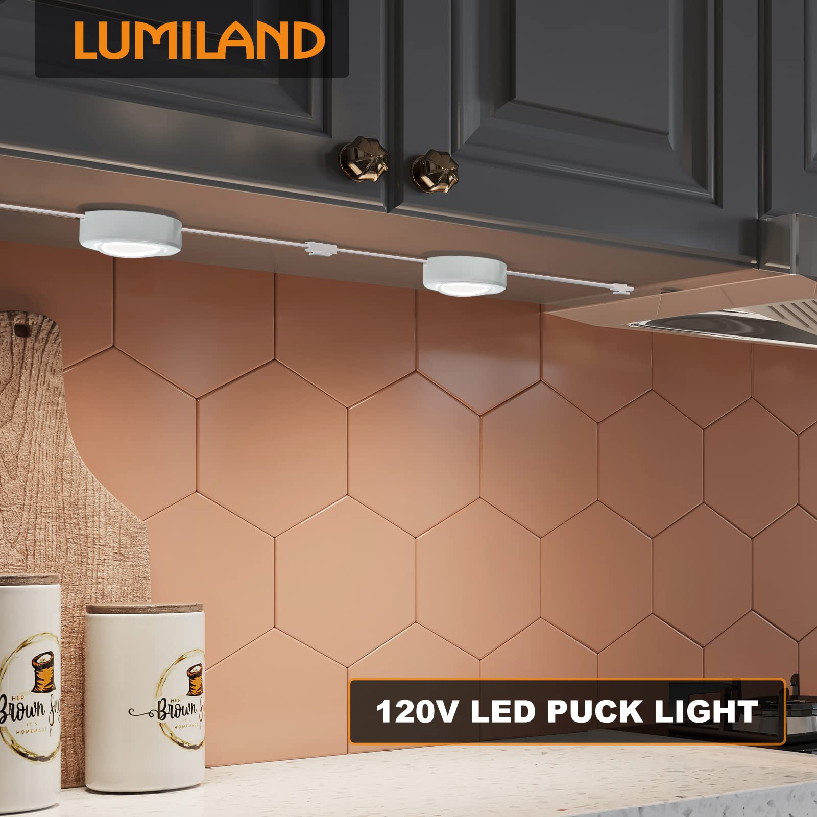 LUMILAND Wired LED Puck Lights - Warm White (3000K), Surface/Recess Mount, Polycarbonate, White, Model GD1102-05, 5 Pack