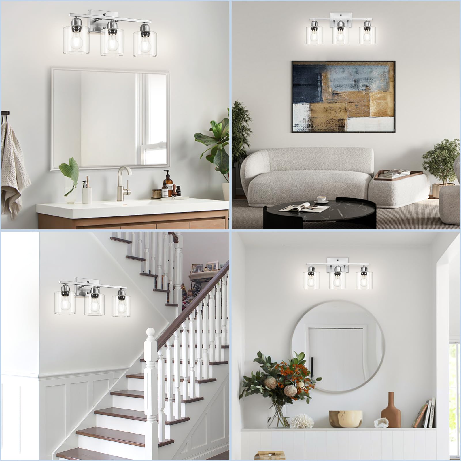 Faishilan Modern Brushed Nickel 3 Light 19 Inch Vanity Lights For Bathroom With Clear Glass  Bathroom Lighting Fixtures Over Mirror For Mirror Kitchen Living Room Hallway Cabinet Porch