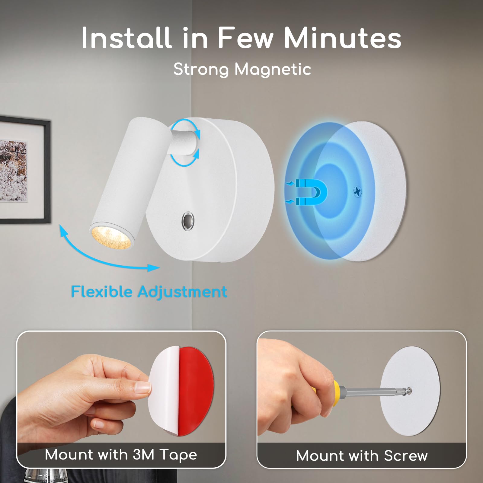 URTOM Wireless Indoor Spotlight, Rechargeable LED Uplighting, Dimmable Warm White, 2 Pack, Battery Operated, Model SBWSR03A02W, White