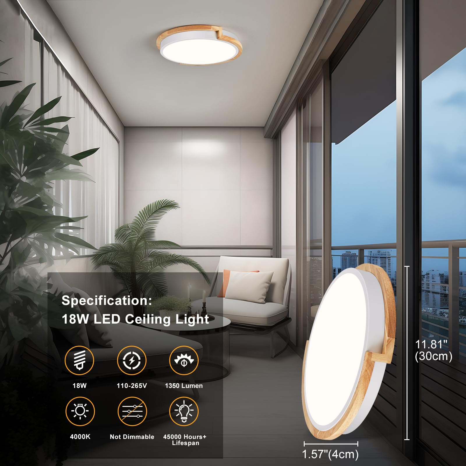 Peblto Modern Led Close To Ceiling Light, Round Shape Flush Mount Ceiling Lighting Fixture, Matte White With Wood Accent, Minima