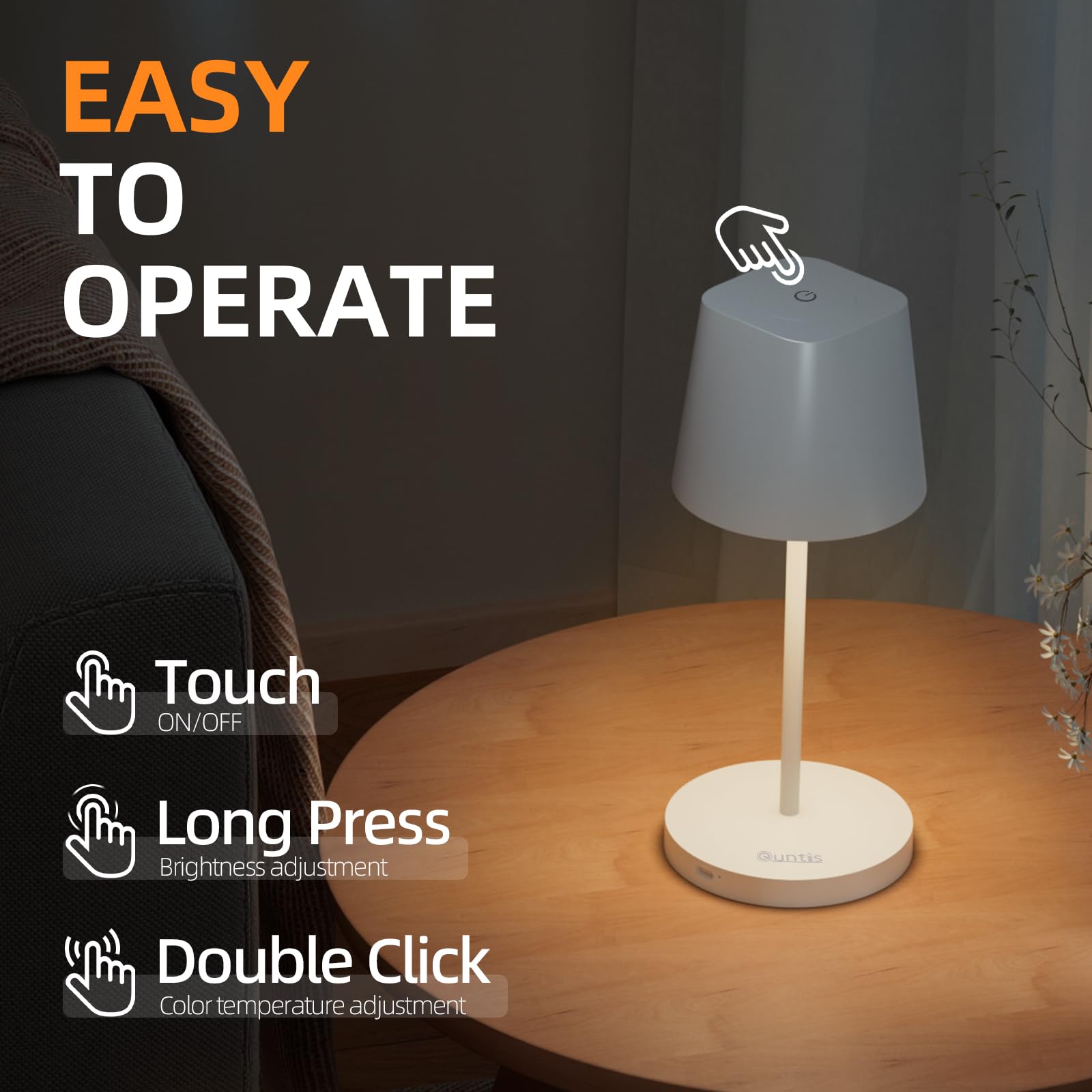 Quntis Cordless Led Table Lamp, Rechargeable, Dimmable, Waterproof, Ideal For Home & Outdoor Use