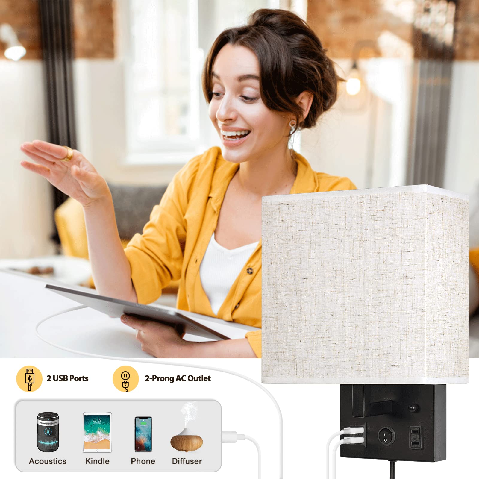 CADUKE Wall Lamp Set of 2, Black Brushed Nickel Sconces with USB Port & AC Outlet, E26 LED Bulb Included, Modern Design for Living Room/Office