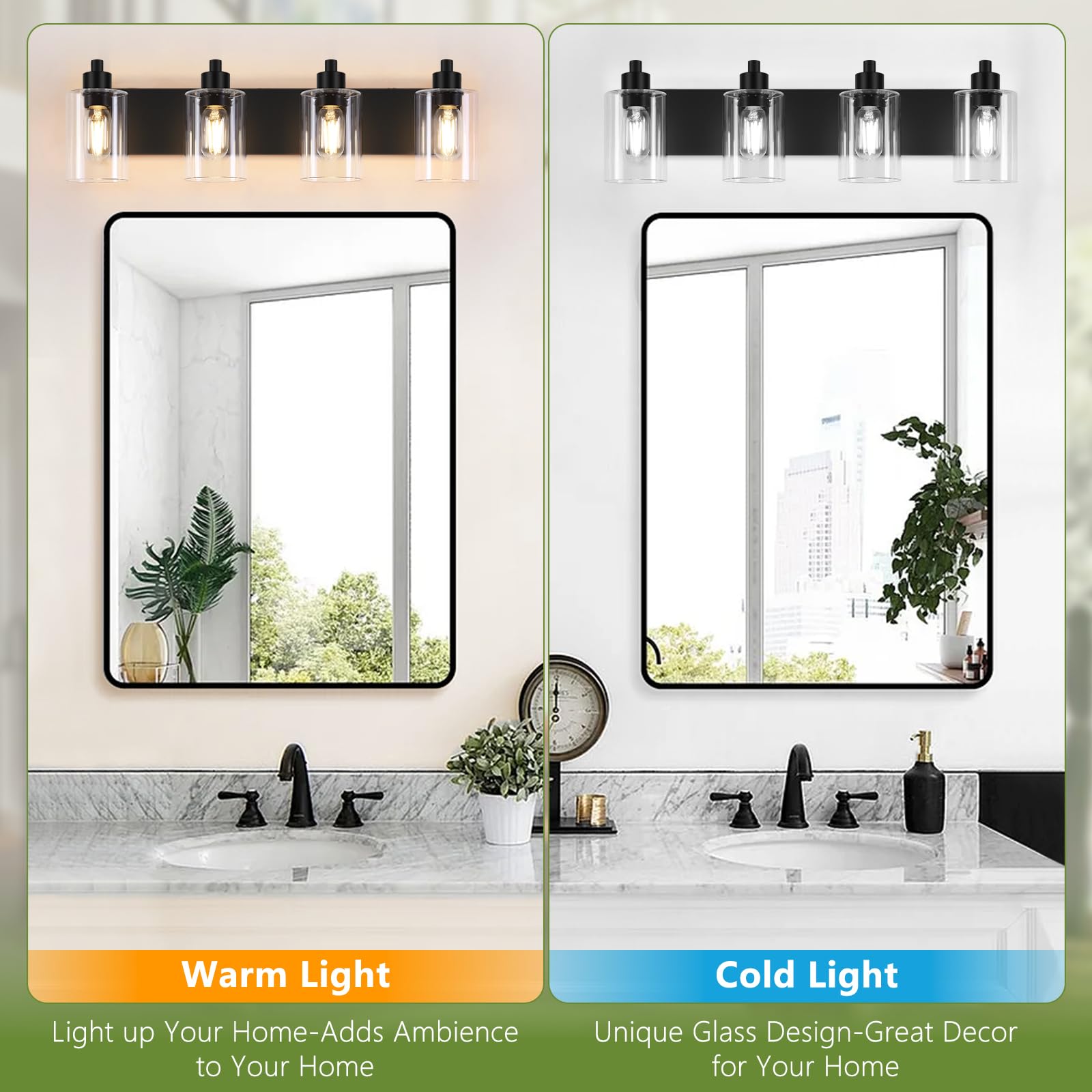 Dpyrrhic Bathroom Vanity Light, Modern Matte Black 4-Light Bathroom Lights Over Mirror With Clear Glass Shade,Wall Sconces For B