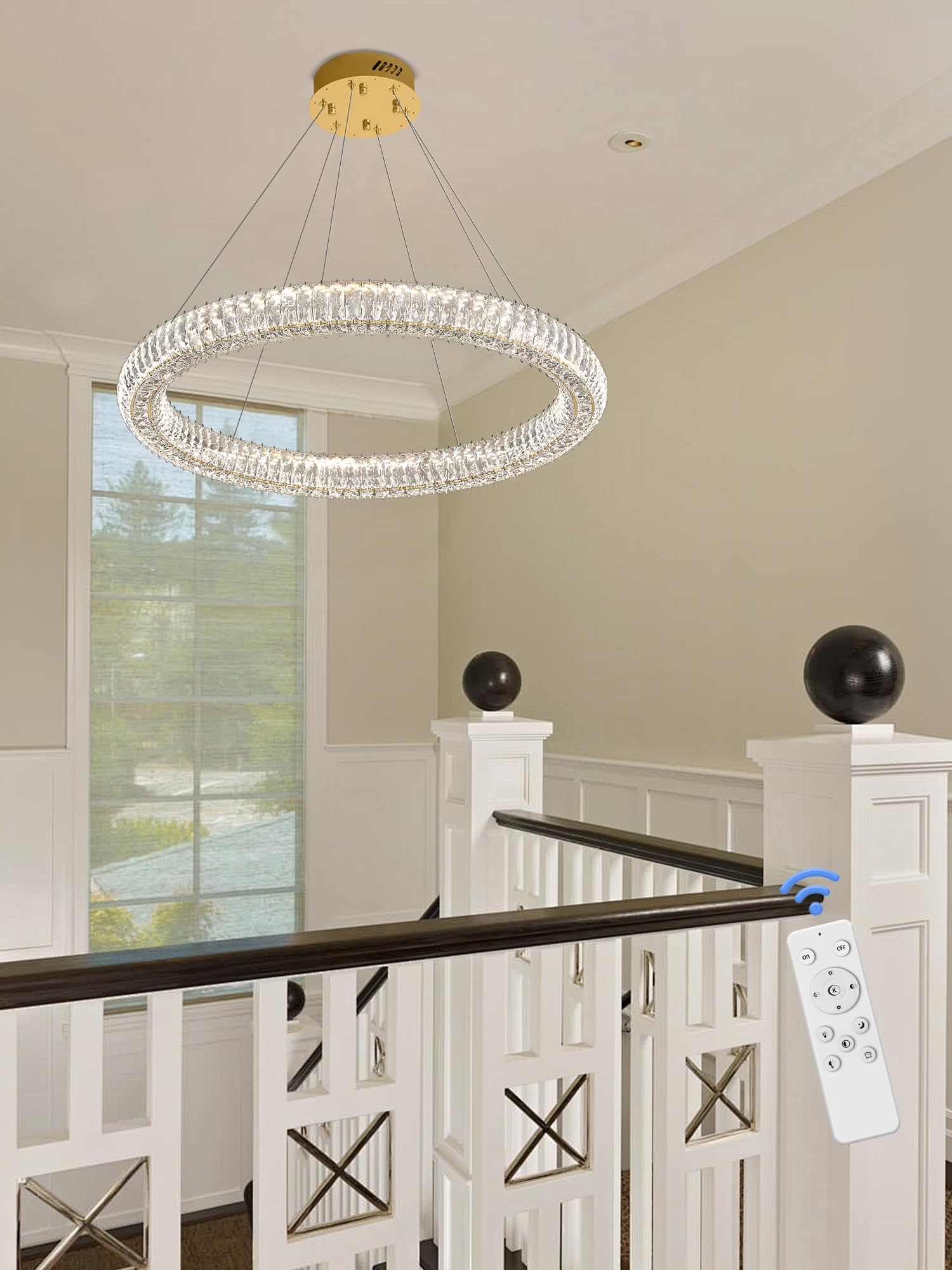 IDEQUY Modern Gold Round Crystal Chandelier, Dimmable LED, 31.5" Pendant Light for Dining Room, Model CF8022-80J
