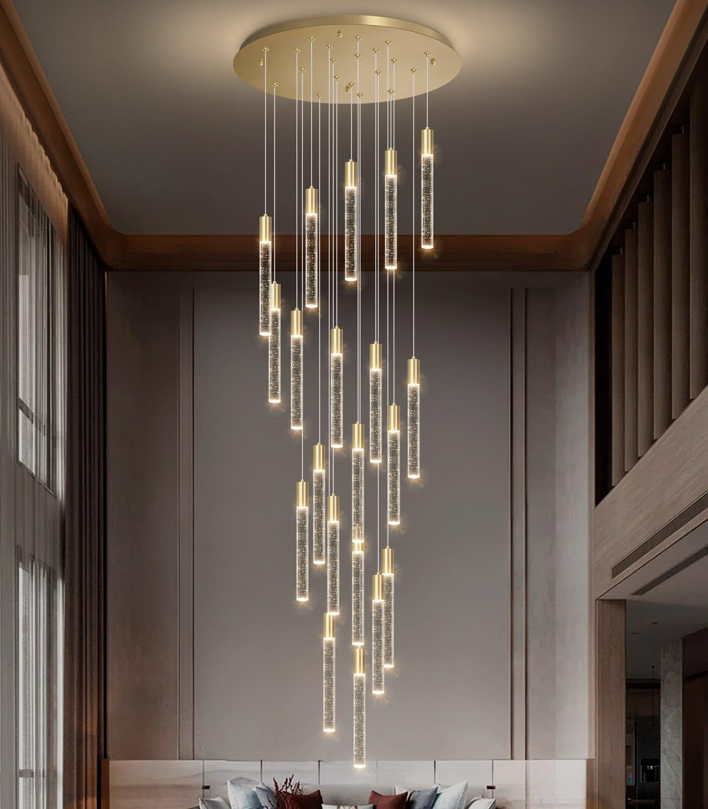Haixiang 14.7 Foot High Ceiling Chandelier For Entryway Modern Crystal Lights For Living Room Foyer Flush Mount Sloping Ceiling 