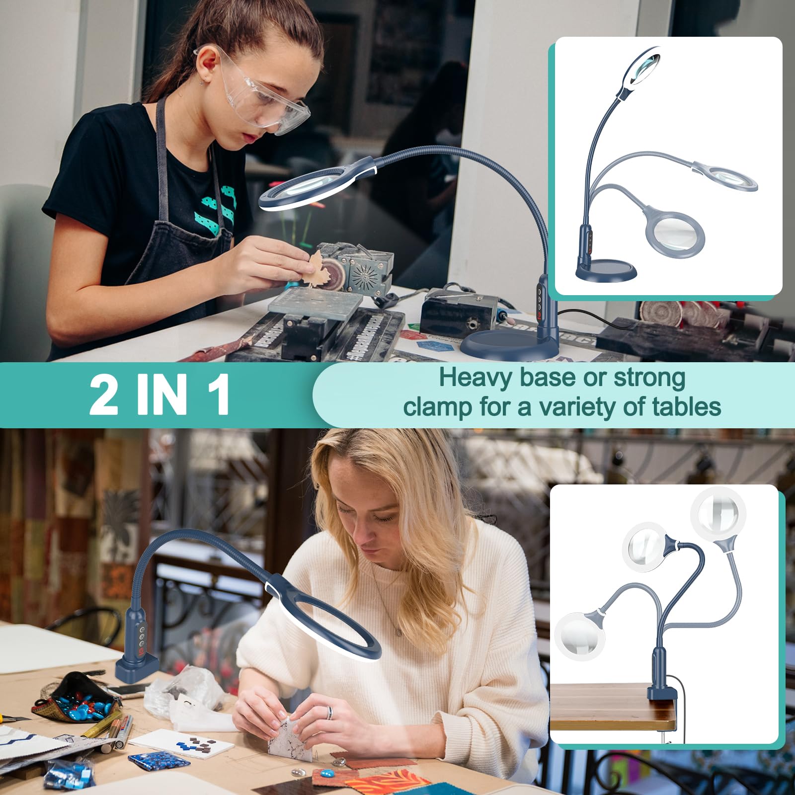 TOMSOO 10X Magnifying Glass with Light, Flexible Gooseneck LED Lamp, Blue, Model LBKB41HTM
