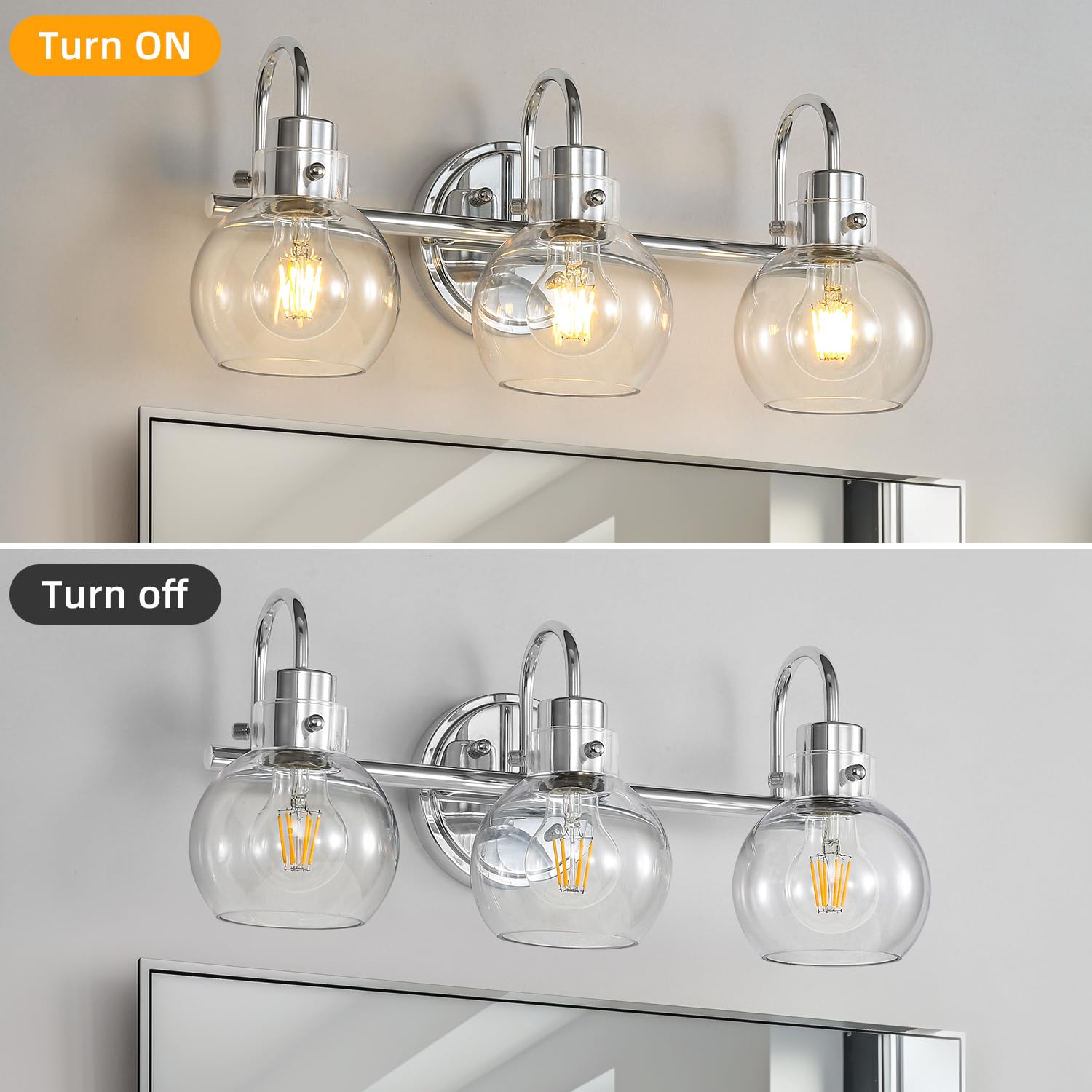 Apenath 3-Light Bathroom Vanity Light Fixture, Polished Chrome, Metal Glass, Model FL-3PCRWL-01, Clear Globe Shades for Mirror & Bath