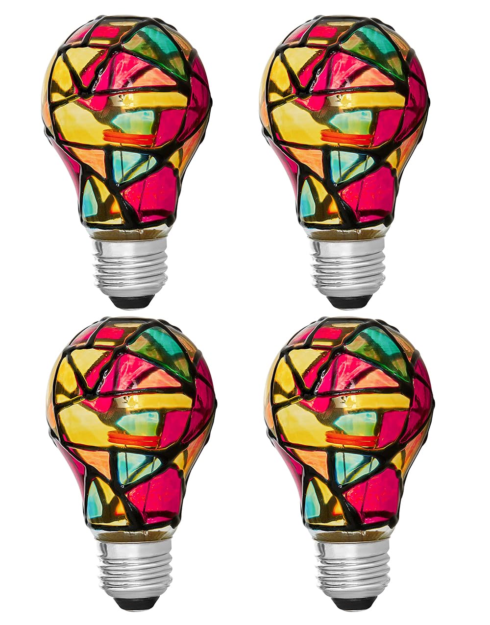 Tiffany 4 Pack Stained Glass Light Bulbs - A19 2W (25W Equivalent) E26 Base Mosaic Night & Party Light