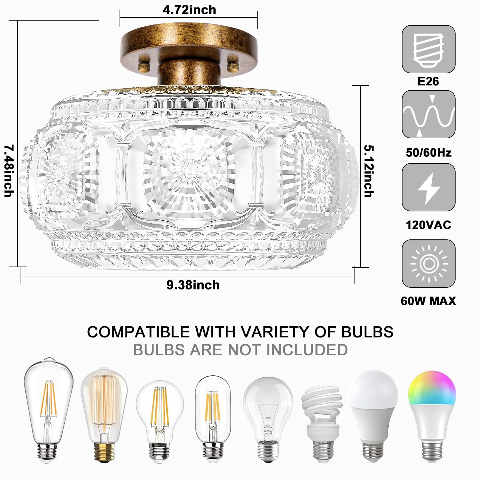 Oykyohei Semi Flush Mount Ceiling Light, Globe Glass Ceiling Light Fixture, Antique Bronze Modern Lighting For Hallway Bedroom E