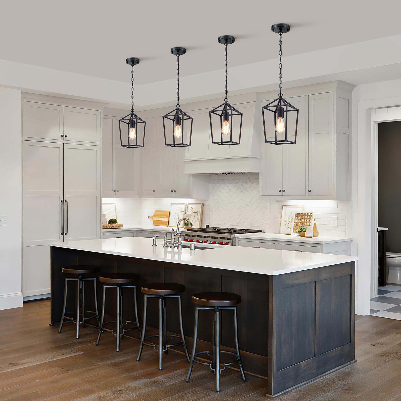 Sheetea 2-Pack Farmhouse Pendant Lights Kitchen Island, Black Pendant Light Fixtures Hanging Lamp For Kitchen, Modern Kitchen Pendant Lighting Over Island, Metal Cage Design, Sloped Ceiling Adaptable