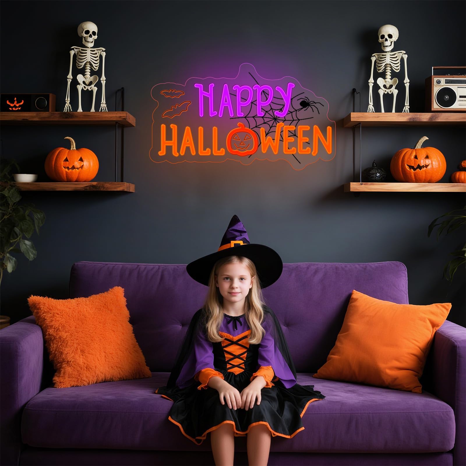 Halloween Neon Sign For Halloween Wall Decor Dimmable Neon Light Bat & Pumpkin Light Up Signs For Halloween Bedroom Horror Party Bar Background Decoration