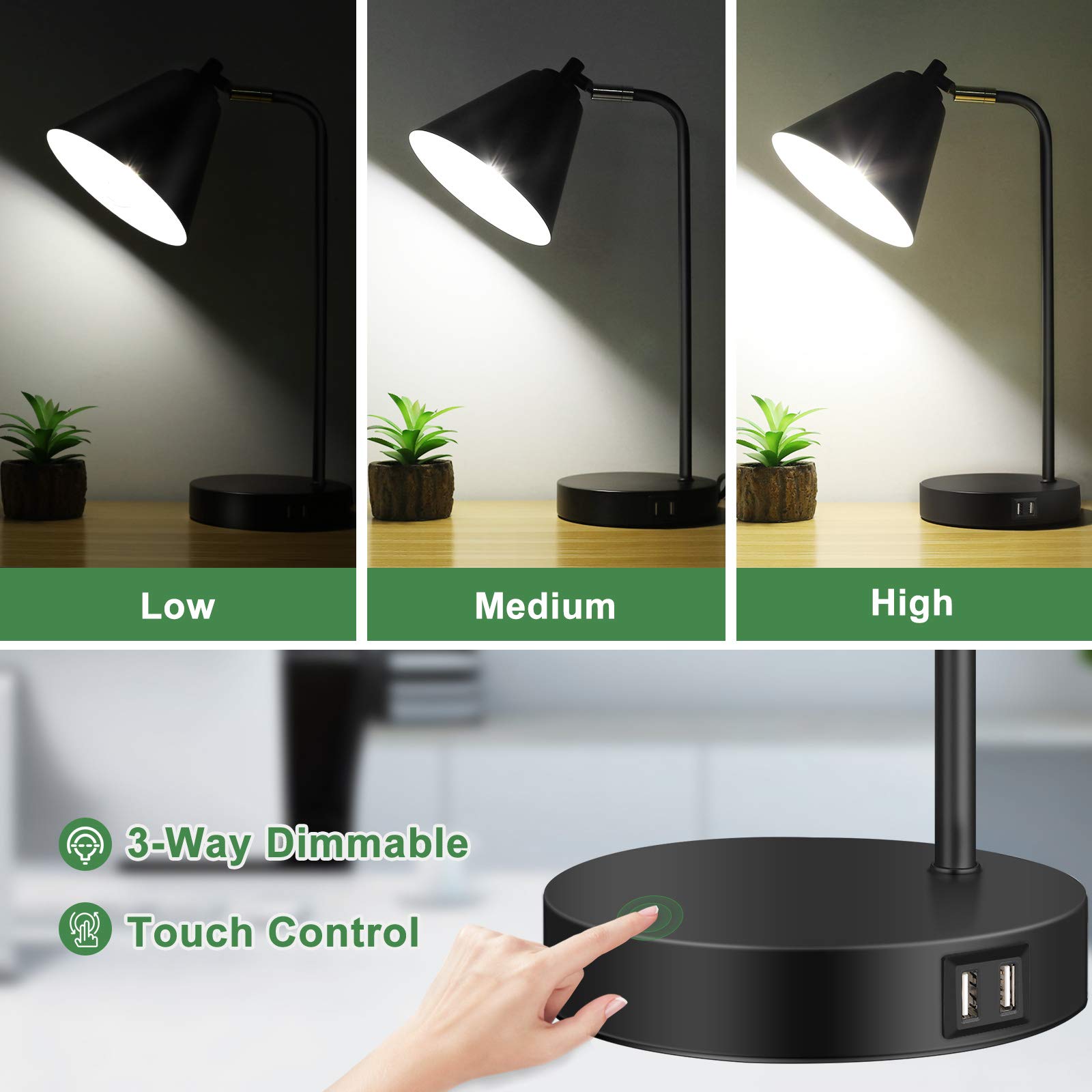 Industrial 3 Way Dimmable Touch Control Desk Lamp with 2 USB Ports & AC Outlet Bedside Nightstand Reading Lamp Flexible Head Far