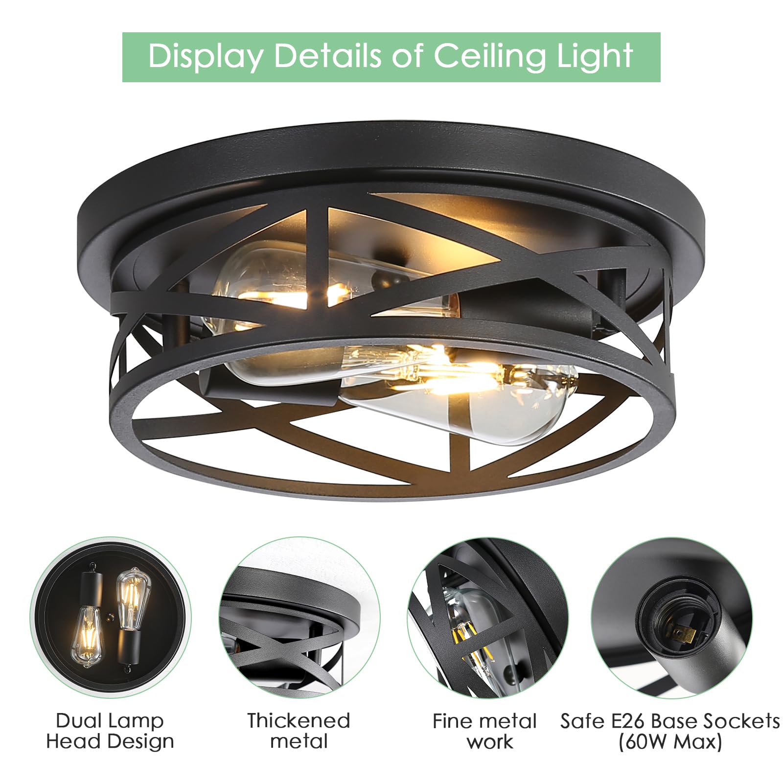 Doxvieze Farmhouse Ceiling Light Fixtures, 11 Inch Metal Cage Cross Close To Ceiling Lights 2-Light, Vintage Flush Mount Ceiling