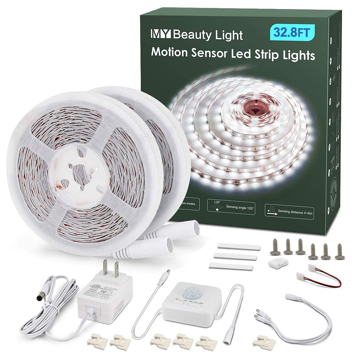 MY BEAUTY LIGHT Motion Activated LED Band Lights  32.8ft LED Light Band with Day or Night 2 Lighting Modes 3 Timing Off Modes Bright White 12v Plug-in LED Rope Lights for Bedroom Kitchen Stair Room