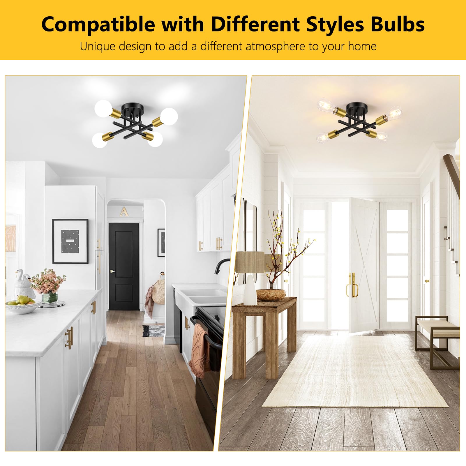 Asnxcju 4-Light Semi Flush Mount Ceiling Light, Mid-Century Black And Gold Sputnik Ceiling Lighting Fixtures For Hallway, Kitche