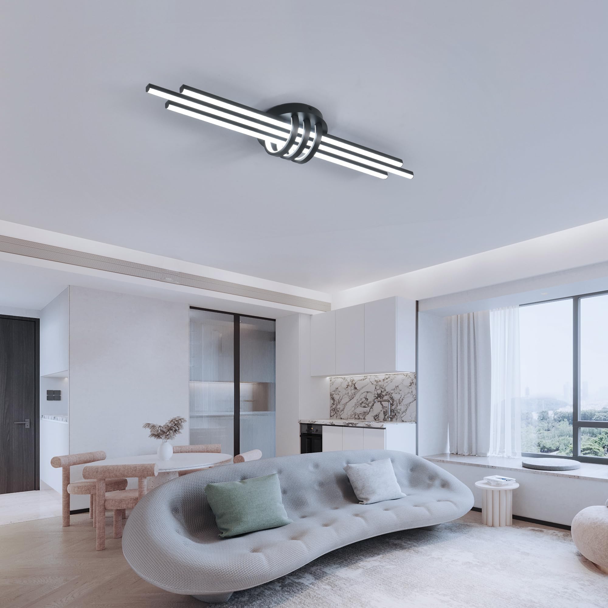 Garwarm Modern Ceiling Light Fixture,39.4 Inch Black Kitchen Lights Ceiling, Linear Dimmable Led Chandelier Remote Control For D