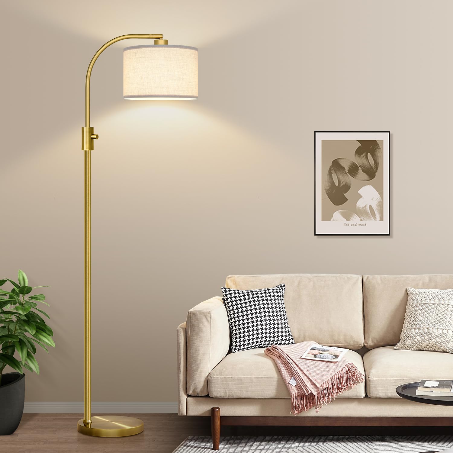 Brass Arc Floor Lamp - Dimmable Led With White Shade For Living Room, Bedroom, Office & More