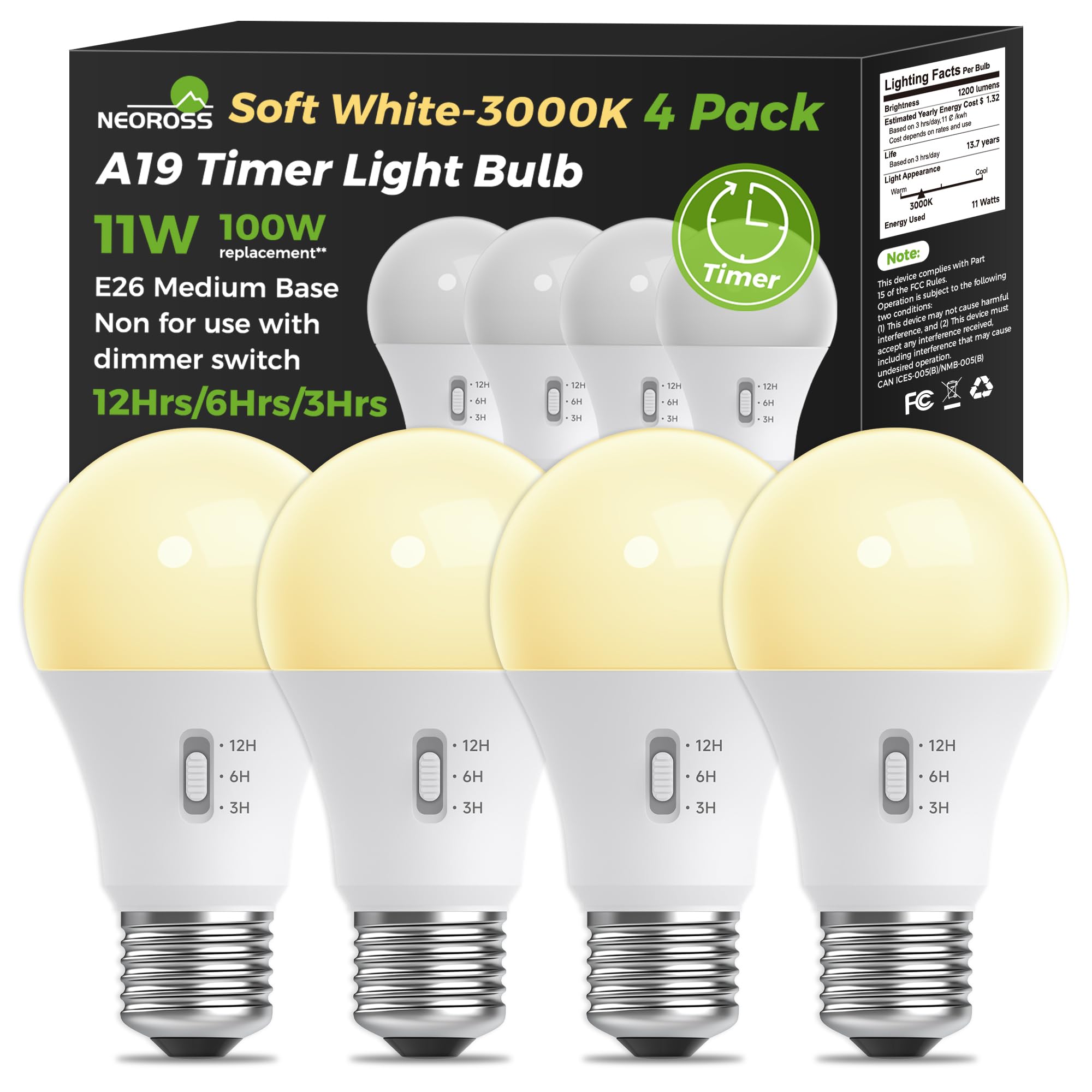 Neoross Timer Light Bulb, A19 Equivalent 100W Led Bulb, 12/6/3H Built-In Automatic Timer, 11W 3000K Soft White, 1200Lm, E26 Base