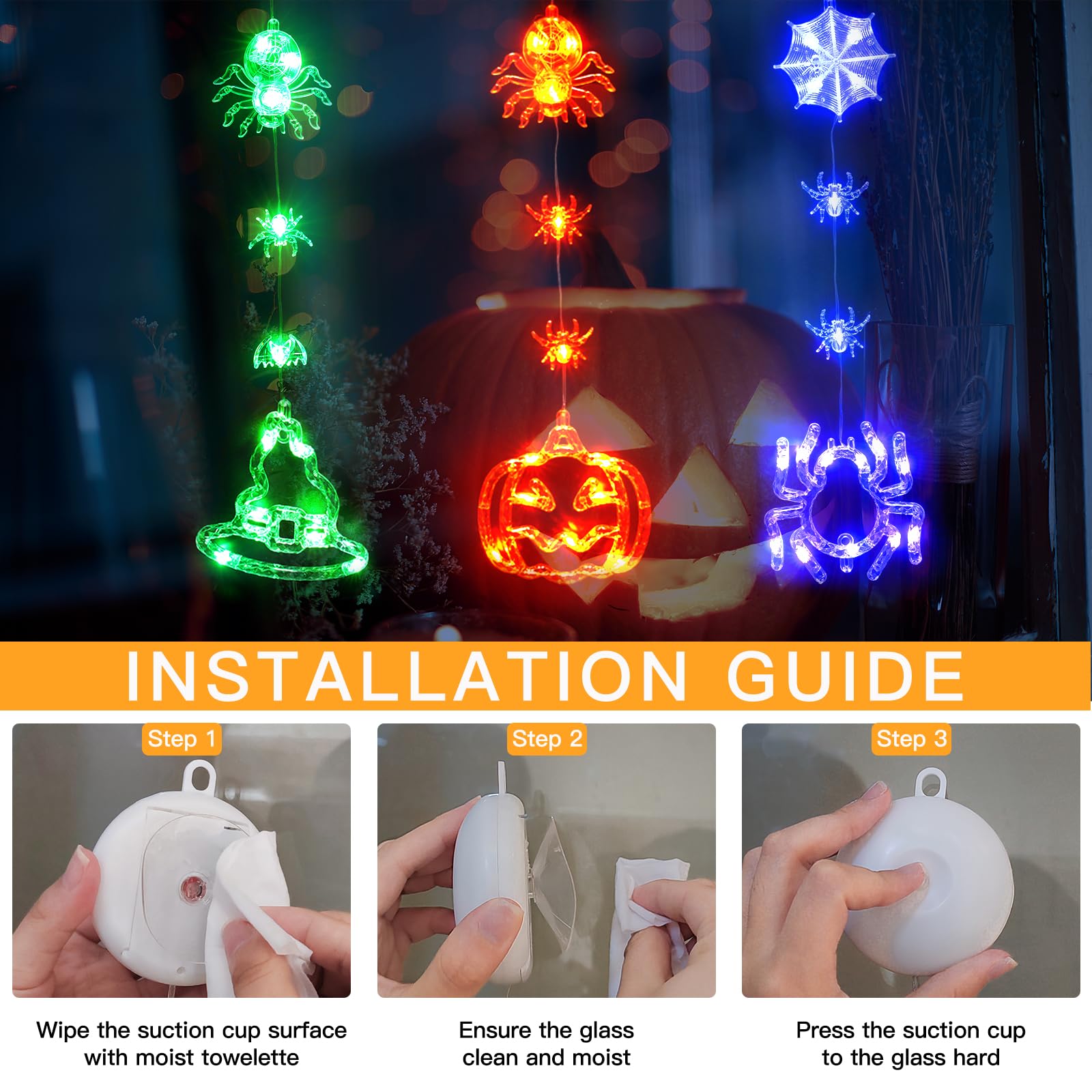 SUDDUS Halloween Decor, 3 Pack Orange Pumpkin Violet Spider Green Witch Hat Battery Operated Halloween Window Lights with Suctio