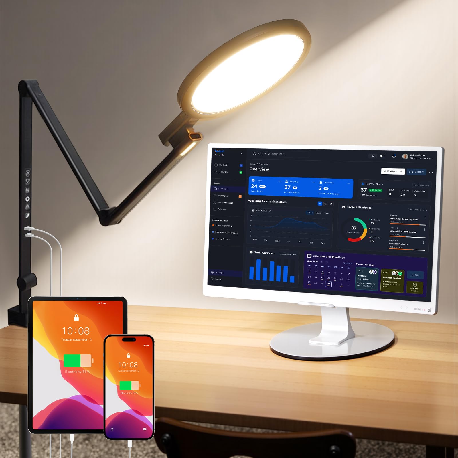 Desk Lamp With Clamp, 1200Lm Eye Care Desk Lights For Home Office With 2 Charging Ports, Adjustable 5 Colors & 5 Brightness,Flex