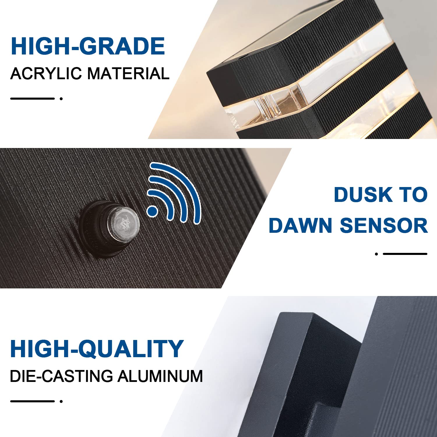 Delicavy Outdoor Wall Lights, Dusk to Dawn Sensor, Waterproof Black Aluminum, Model C11, Medium Size, Use Two E26 Bulbs