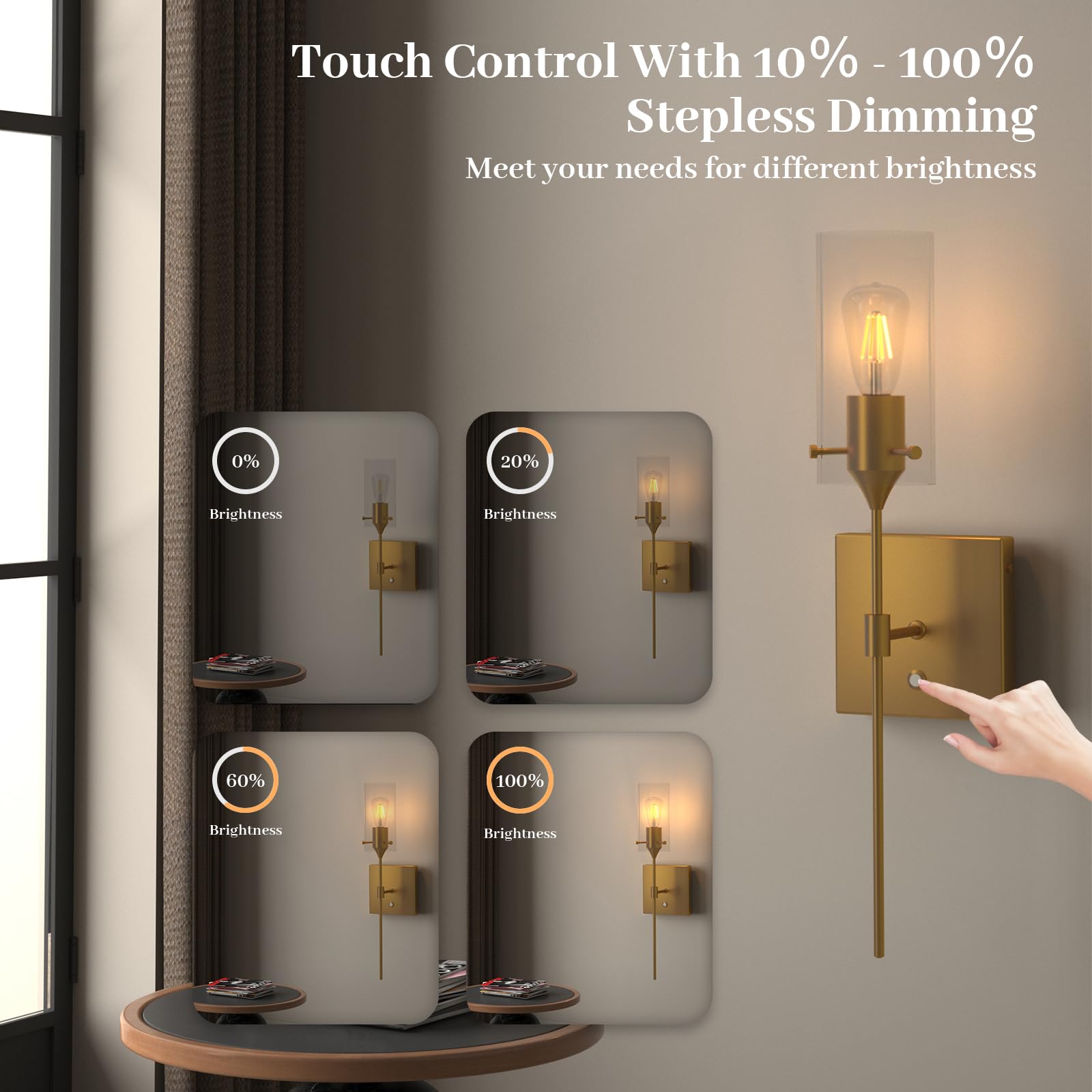 Thyfenno Dimmable Battery Operated Wall Sconce Set Of Two, Rechargeable Wall Lamp No Hardwire, Wireless Wall Mounted Light For Bedroom Bathroom Kitchen Vanity Mirror, Bulb Included