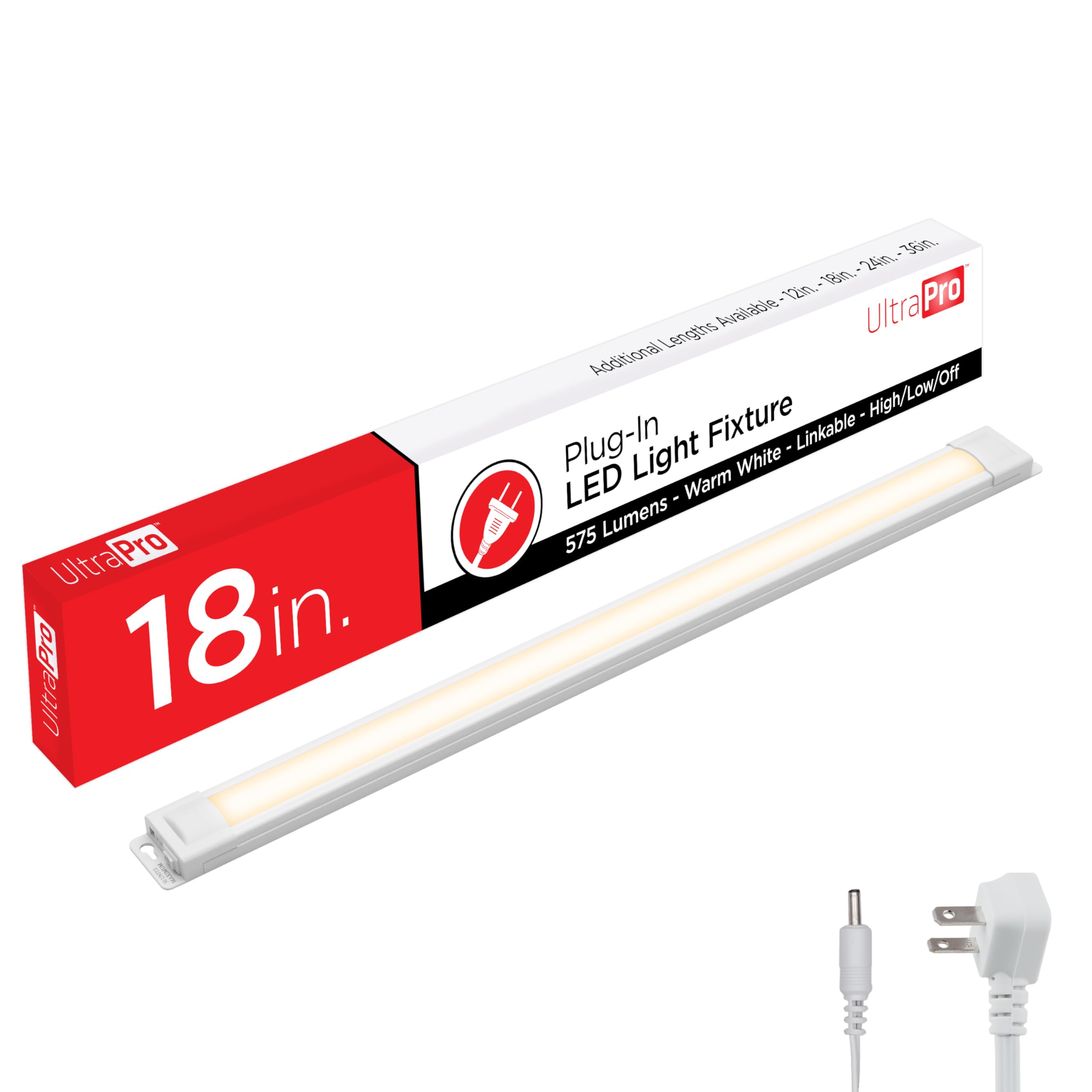 UltraPro 18 inch Plug-in Linkable Under Cabinet Lights, High/Low/Off, Warm White Light (2700K), LED Under Cabinet Lighting, Unde