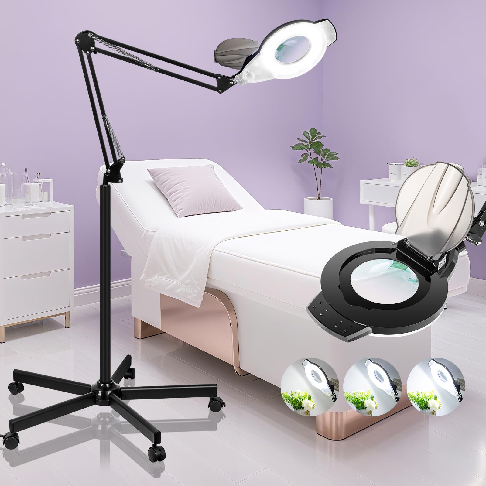 NUEYiO 10X Magnifying Glass with Light and Stand, 2200 Lumens Dimmable Magnifying Floor Lamp, 2-in-1 Lighted Magnifier with 5 Wh