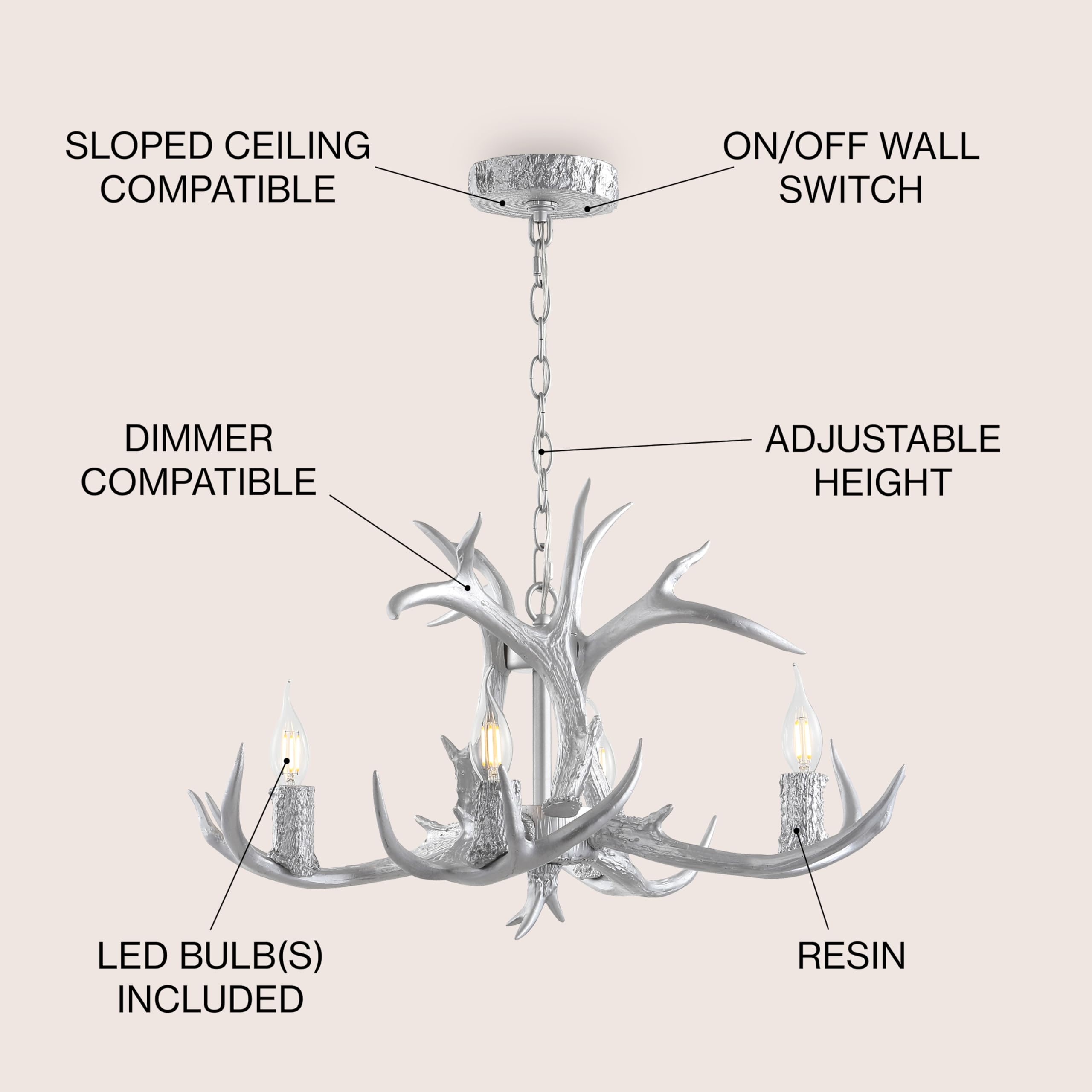 JONATHAN Y 26" Adjustable Resin Antler 4-Light LED Chandelier, Silver - Dimmable Glam Rustic Lighting for Dining Room, Living Room, Kitchen