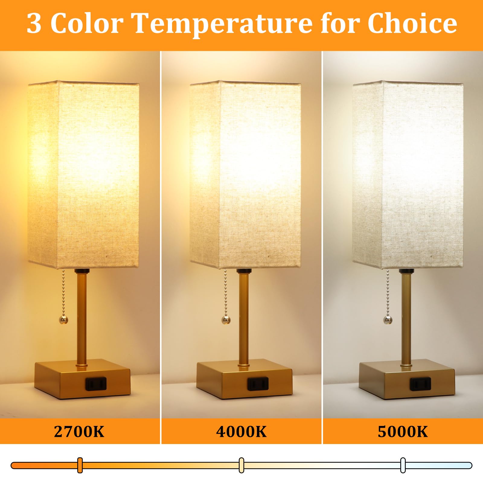 Dott Arts Table Lamp Set of 2, 15 inch Gold Linen Metal, 3-Color with Pull Chain, Includes 2 Bulbs, Model PTL6W-030