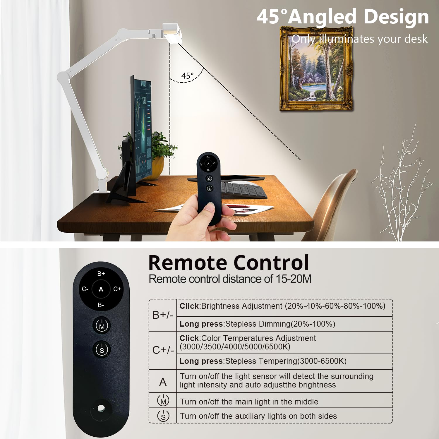 Micomlan Architect Desk Lamp With Clamp, Led Desk Lamp For Home Office With Remote Control, 24W Bright Computer Desk Light Atmosphere Lighting Adjustable Table Light For Working Crafting (Remote)