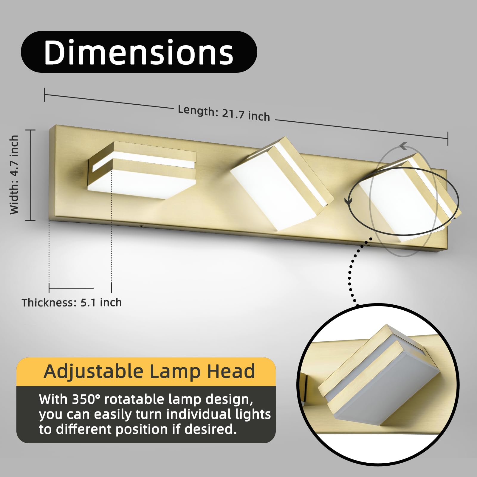 OKELI 5-Light Bathroom Vanity Light Gold LED Dimmable 32W 6000K Adjustable ETL Listed Model OK-9553-3T-GL