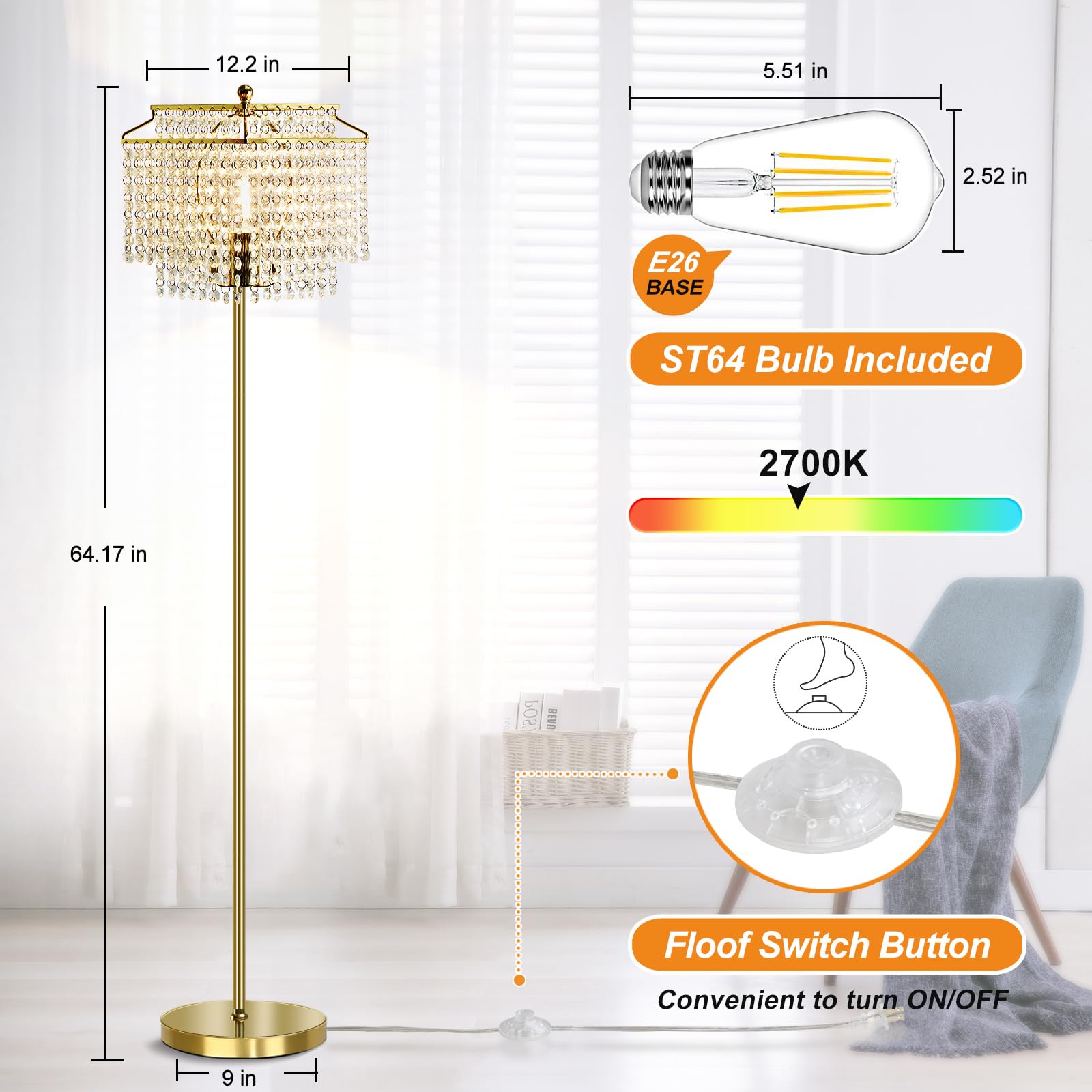 Luvkczc Crystal Floor Lamp - Elegant Gold Design, Double-Layer Lampshade, 8W LED Included for Living Room, Bedroom, Office