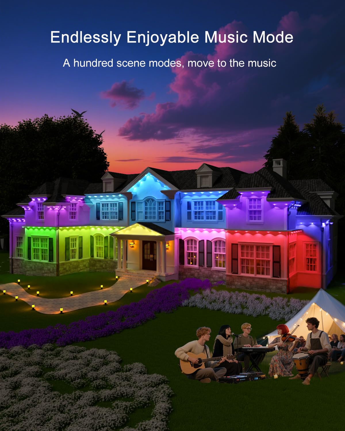 Morpholife 100FT Permanent Outdoor Lights - Smart AI RGB+IC LED, IP67 Waterproof, Alexa/Google Compatible, White