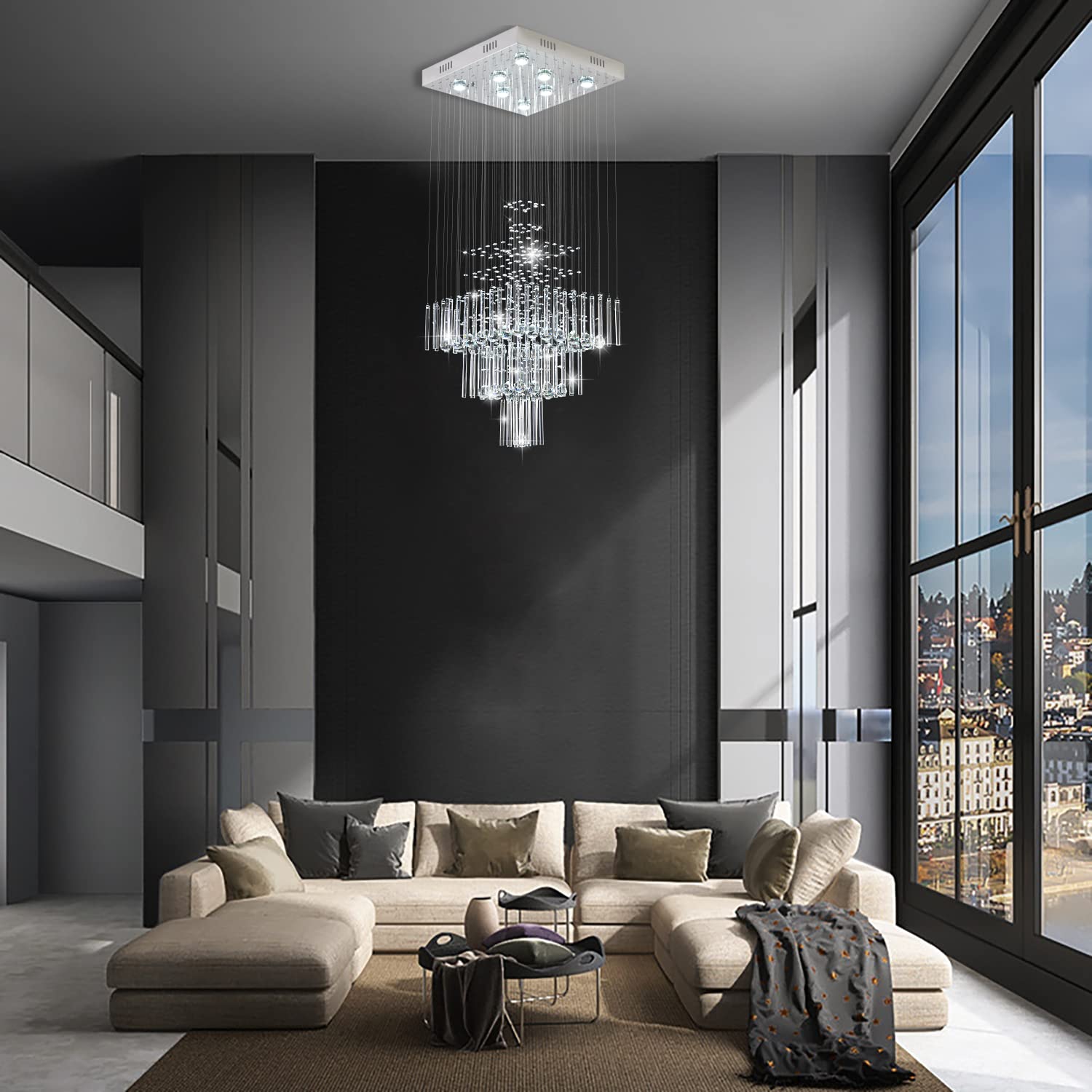 CRYSTOP Modern 3-Tier Crystal Raindrop Chandelier, 19.6" Square Flush Mount Ceiling Light, Silver Finish for Foyer/Entryway