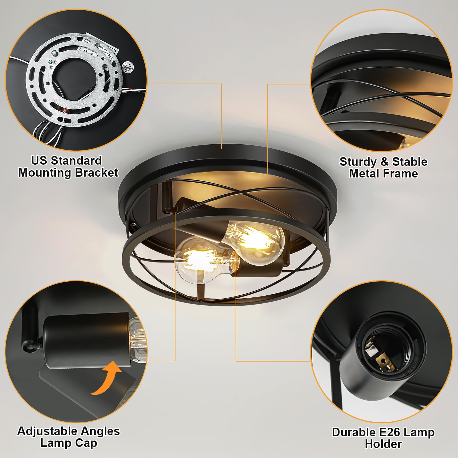 Violoemi Industrial Flush Mount Ceiling Light, Black Round Metal Cage Ceiling Lights, Ceiling Lamp Farmhouse Lighting Fixture Fo