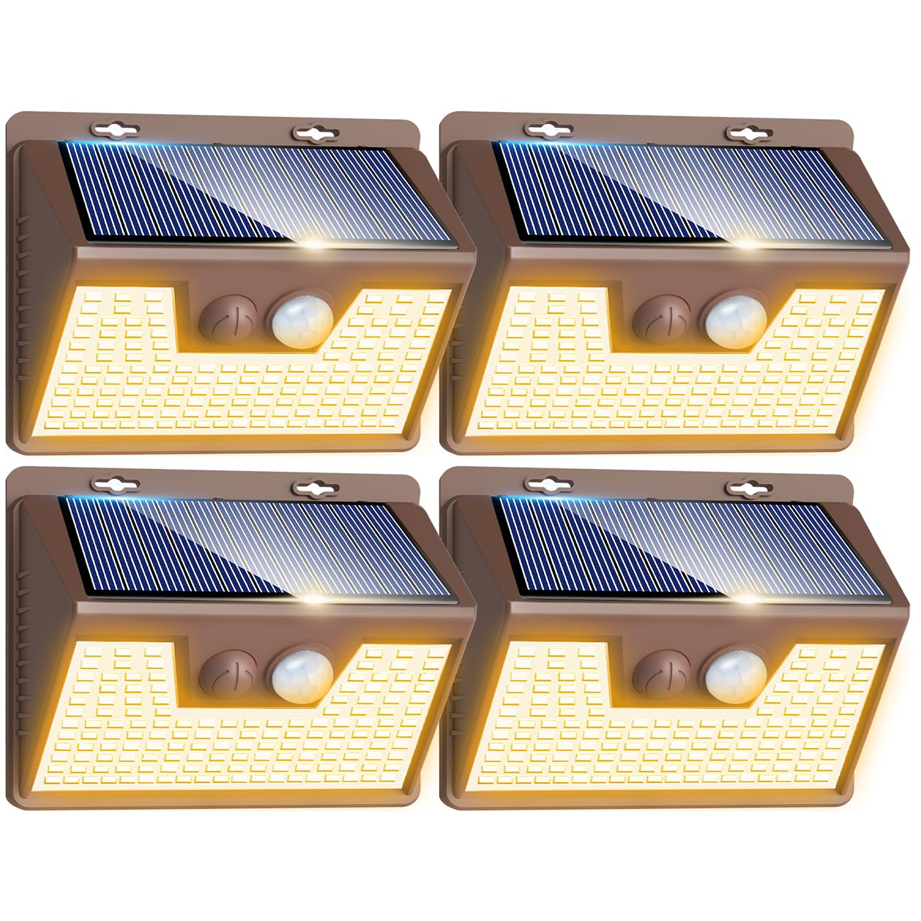 Peasur Solar Lights Outdoor Motion Sensor Waterproof  4Pack 140LED Brown Solar Powered Fence Light  3 Modes Security Wall Lights for Garden Yard Outside(Warm White)