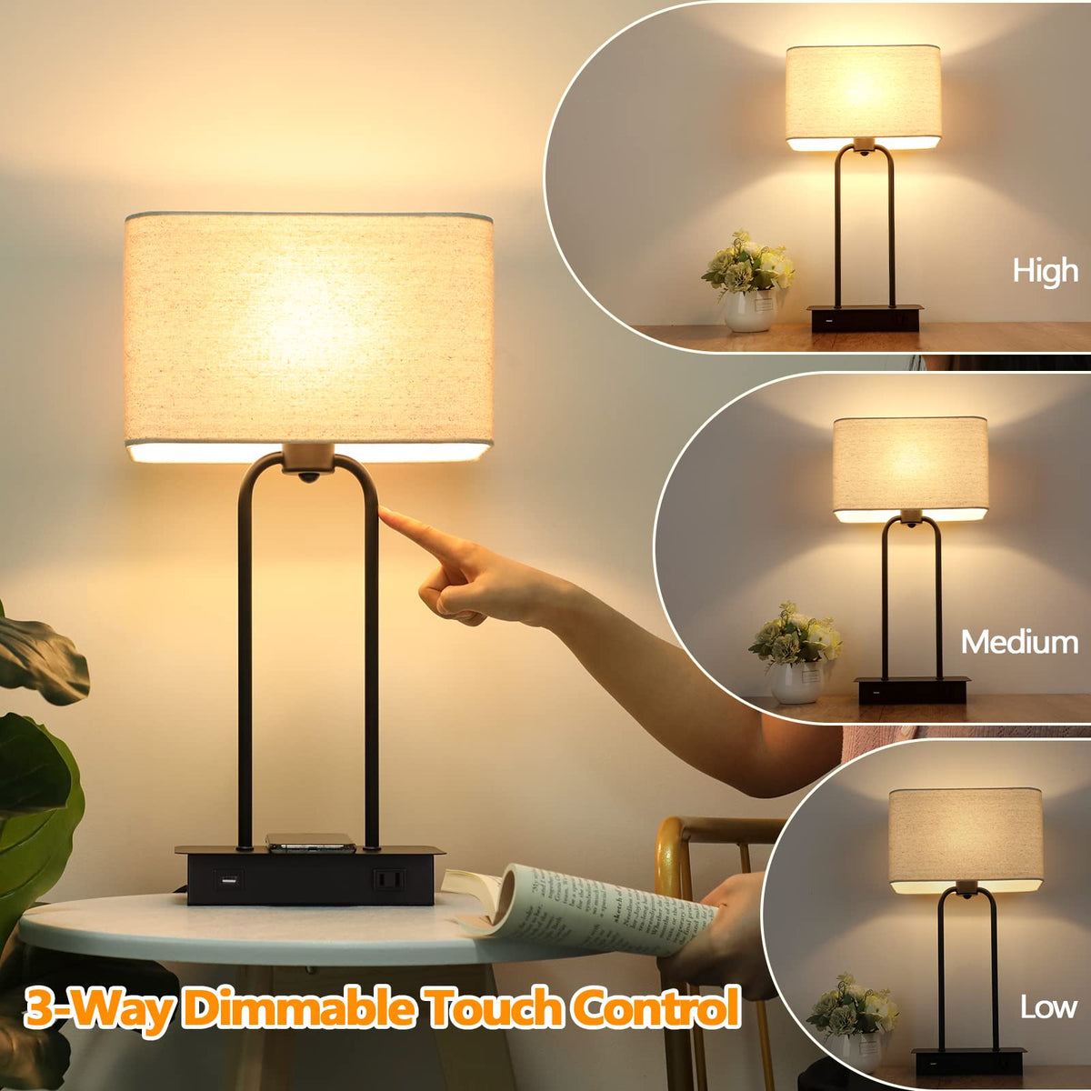 BrightHome Set of 2 Wireless Charging Table Lamps, 3-Way Dimmable, Bla ...