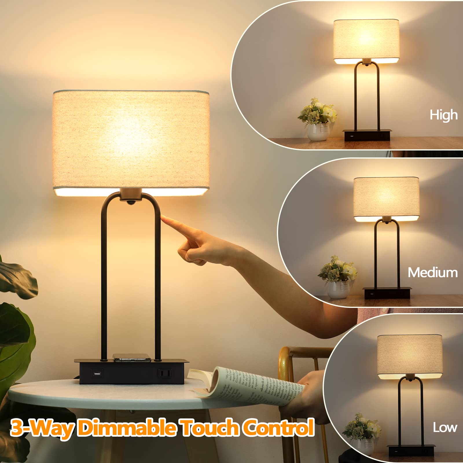 BrightHome Set of 2 Wireless Charging Table Lamps, 3-Way Dimmable, Black & Cream, USB Port, AC Outlet, Model YC-TL-JBL-001