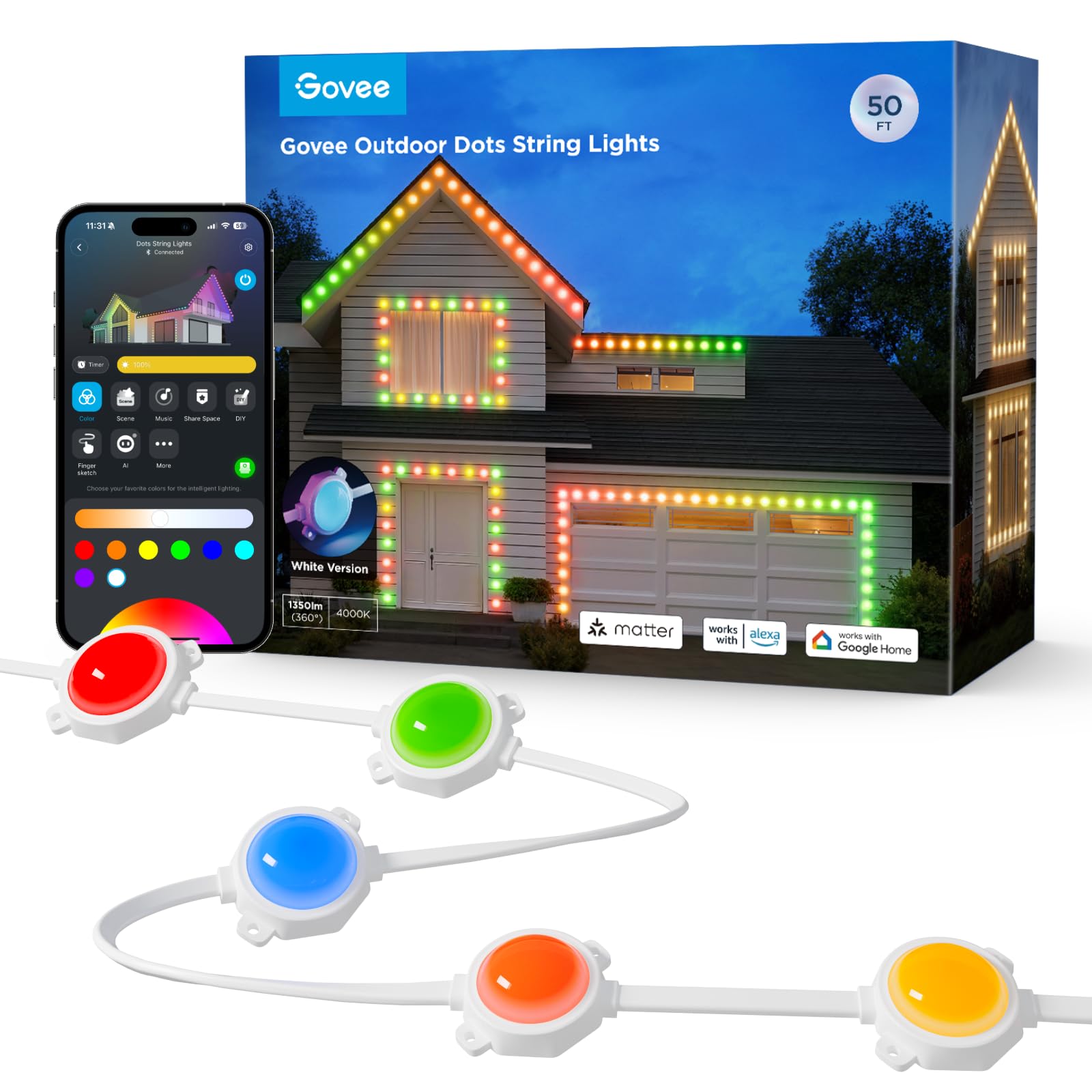 Govee Outdoor Dots String Lights, 50ft with 45 Smart RGBIC LED Lights, 65 Scene Modes, IP65 Waterproof, Works with Alexa, Google
