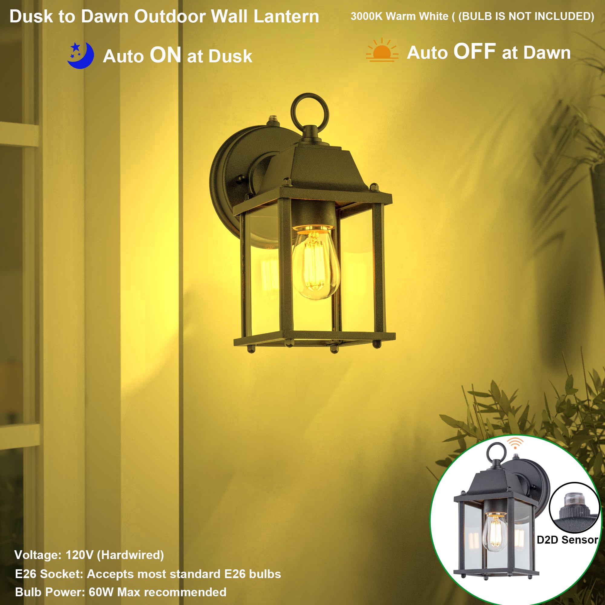 Lit-Path Dusk To Dawn Outdoor Wall Lantern, Wall Sconce Waterproof Porch Lighting Fixture, E26 Base, Aluminum Housing With Glass